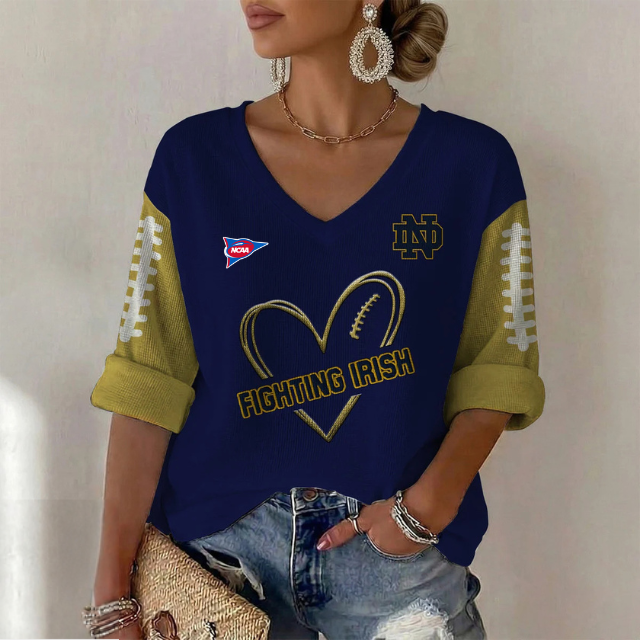 ELITE EDITION - NEW CUSTOMIZED NCAA FBS28 NFI NOTRE DAME FIGHTING IRISH WOMEN'S HEART V-NECK LONG SLEEVE SHIRT
