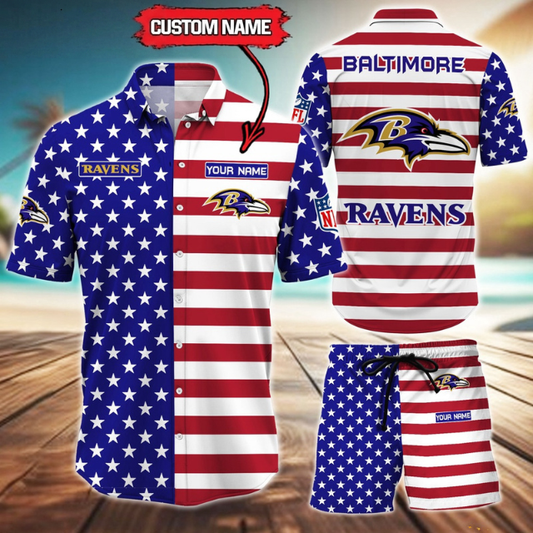 ELITE EDITION  - NEW CUSTOMIZED NFL28 BTR BALTIMORE RAVENS UNISEX INDEPENDENCE DAY HAWAIIAN SHIRT & SHORTS SET
