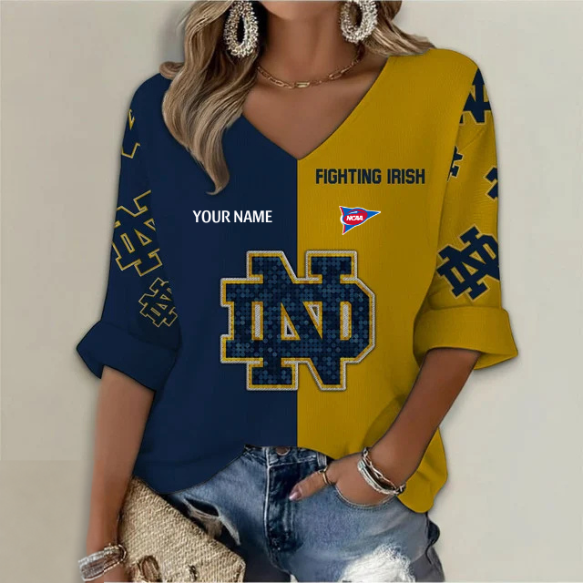 ELITE EDITION - NEW CUSTOMIZED NCAA FBS28 NFI NOTRE DAME FIGHTING IRISH WOMEN'S HEART V-NECK LONG SLEEVE SHIRT