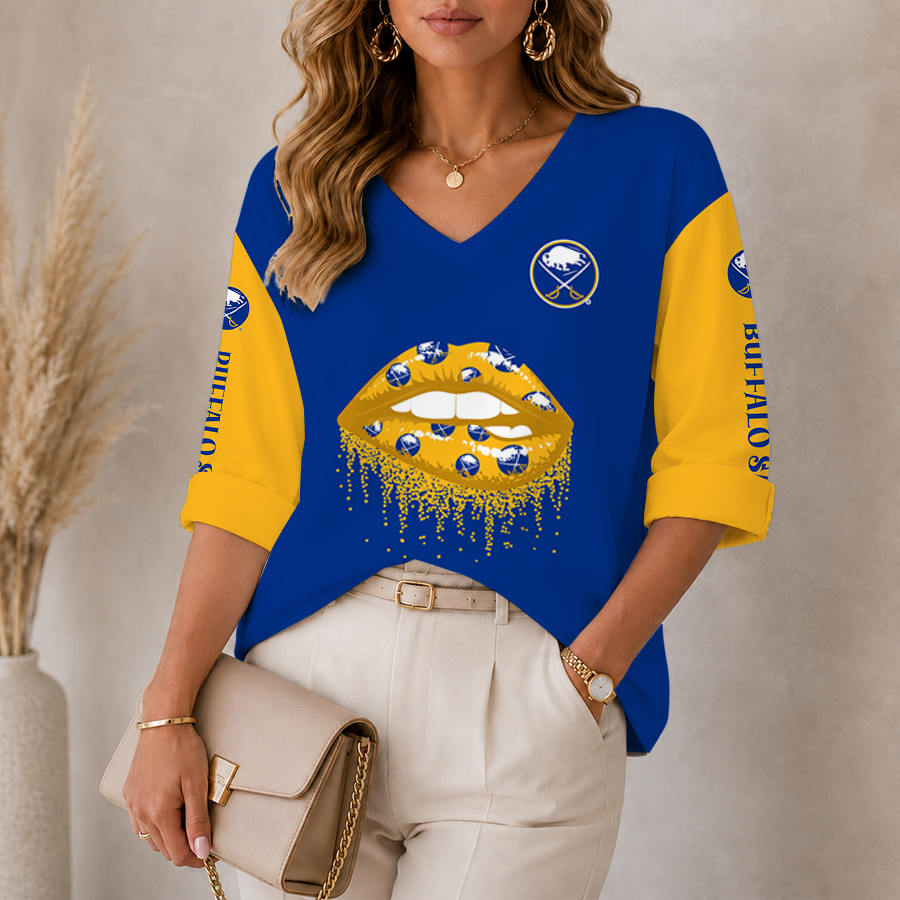 [SUPER SALE] NEW CUSTOMIZED NHL28 BFS BUFFALO SABRES WOMEN'S HEART V-NECK LONG SLEEVE SHIRT