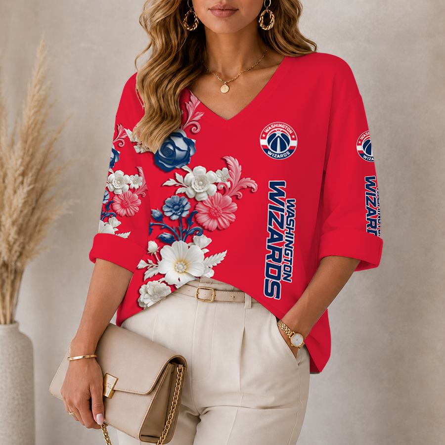 [HOT DEAL] NEW CUSTOMIZED NBA28 WWI WASHINGTON WIZARDS WOMEN'S V-NECK LONG SLEEVE SHIRT