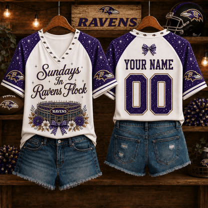 EXCLUSIVE EDITION - NEW CUSTOMIZED NFL28 BTR BALTIMORE RAVENS V-NECK FEMALE SHIRT