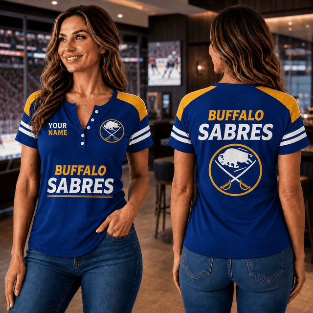 SPECIAL EDITION - NEW CUSTOMIZED NHL28 BFS BUFFALO SABRES WOMEN'S SHORT SLEEVE HENLEY T-SHIRT