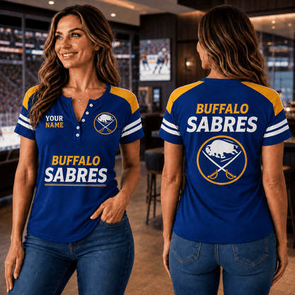 SPECIAL EDITION - NEW CUSTOMIZED NHL28 BFS BUFFALO SABRES WOMEN'S SHORT SLEEVE HENLEY T-SHIRT