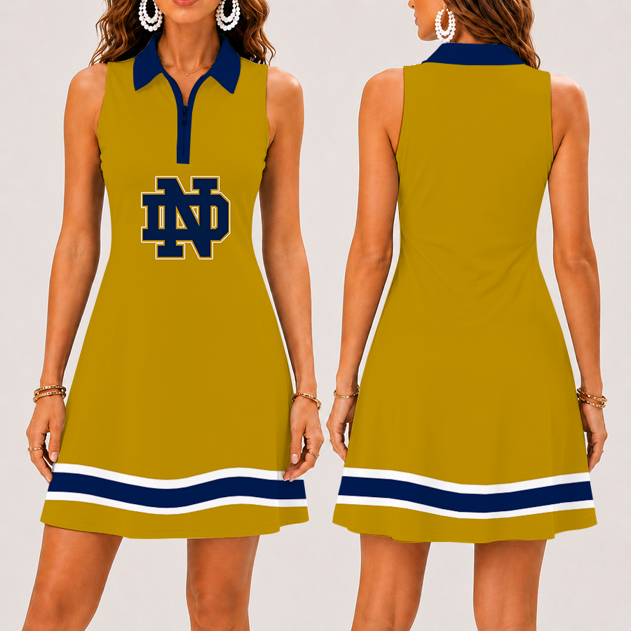 [FAN FAVORITE] NEW CUSTOMIZED NCAA FBS28 NFI NOTRE DAME FIGHTING IRISH WOMEN'S ZIP SLEEVELESS POLO DRESS