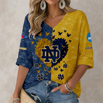 LIMITED EDITION - NEW CUSTOMIZED NCAA FBS28 NFI NOTRE DAME FIGHTING IRISH WOMEN'S HEART V-NECK LONG SLEEVE SHIRT