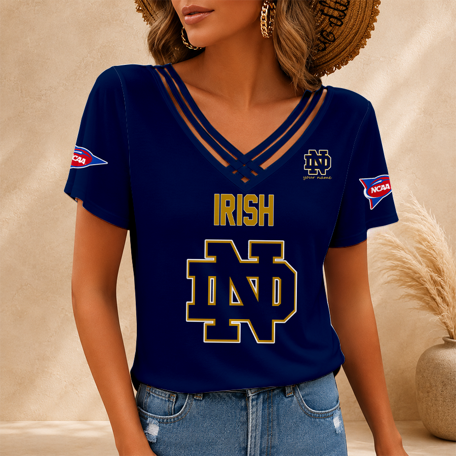 [FAN FAVORITE] NEW CUSTOMIZED NCAA FBS28 NFI NOTRE DAME FIGHTING IRISH V-NECK SHIRT