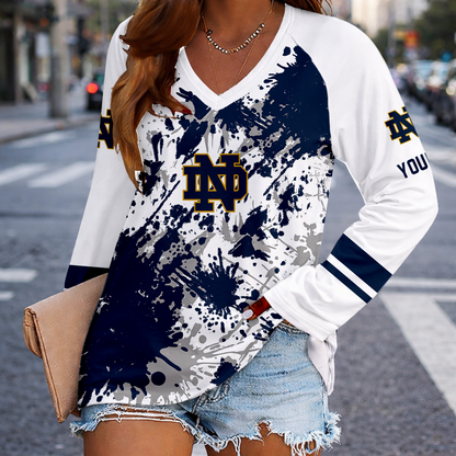 [FAN FAVORITE] NEW CUSTOMIZED NCAA FBS28 NFI NOTRE DAME FIGHTING IRISH WOMEN'S V-NECK LONG SLEEVED SHIRT