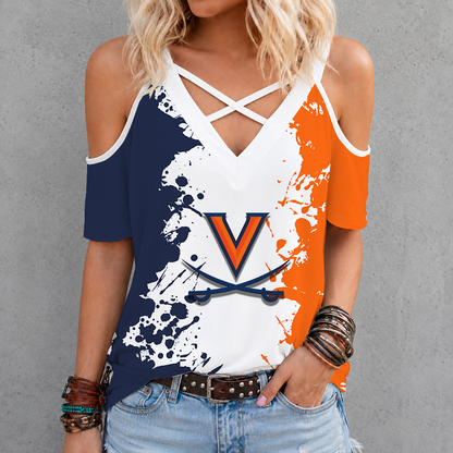 [FAN FAVORITE] NEW CUSTOMIZED NCAA CWS28 VIC VIRGINIA CAVALIERS CRISS CROSS V-NECK TOP