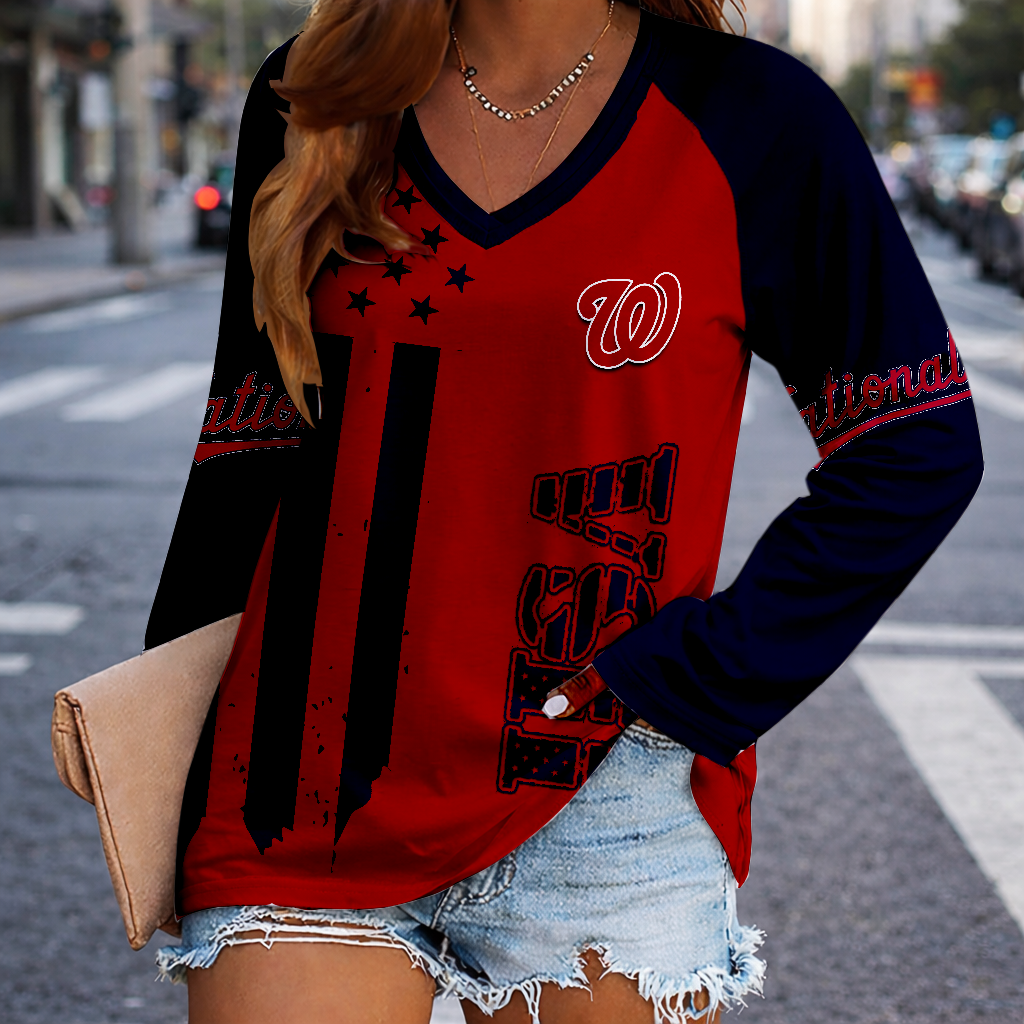 LIMITED EDITION - NEW CUSTOMIZED MLB28 WNS WASHINGTON NATIONALS WOMEN'S V-NECK LONG SLEEVED SHIRT