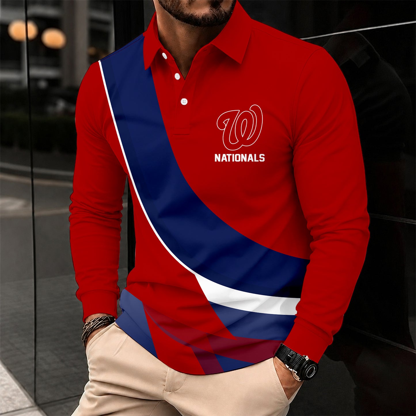 [FLASH SALE] NEW CUSTOMIZED MLB28 WNS WASHINGTON NATIONALS MEN'S LONG SLEEVE POLO