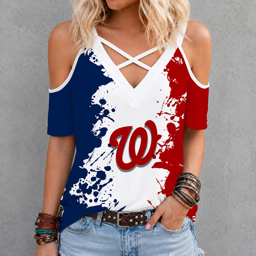 [FLASH SALE] NEW CUSTOMIZED MLB28 WNS WASHINGTON NATIONALS CRISS CROSS V-NECK TOP