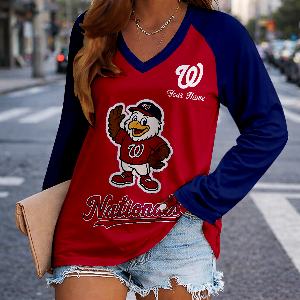 LIMITED EDITION - NEW CUSTOMIZED MLB28 WNS WASHINGTON NATIONALS WOMEN'S V-NECK LONG SLEEVED SHIRT