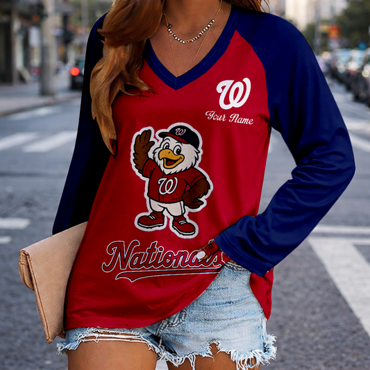 LIMITED EDITION - NEW CUSTOMIZED MLB28 WNS WASHINGTON NATIONALS WOMEN'S V-NECK LONG SLEEVED SHIRT