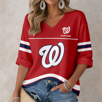 LIMITED EDITION - NEW CUSTOMIZED MLB28 WNS WASHINGTON NATIONALS WOMEN'S HEART V-NECK LONG SLEEVE SHIRT