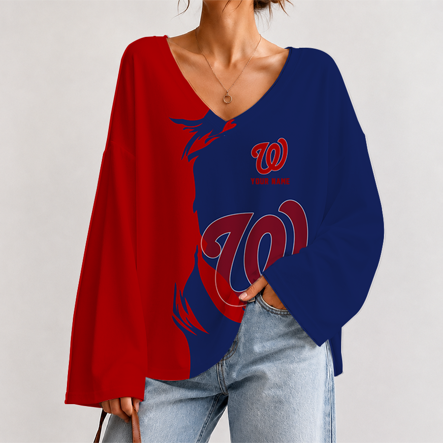 [FLASH SALE] NEW CUSTOMIZED MLB28 WNS WASHINGTON NATIONALS V-NECK LONG SLEEVED CROP TOP