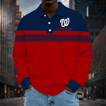 SPECIAL EDITION - NEW CUSTOMIZED MLB28 WNS WASHINGTON NATIONALS MEN'S LONG SLEEVE POLO