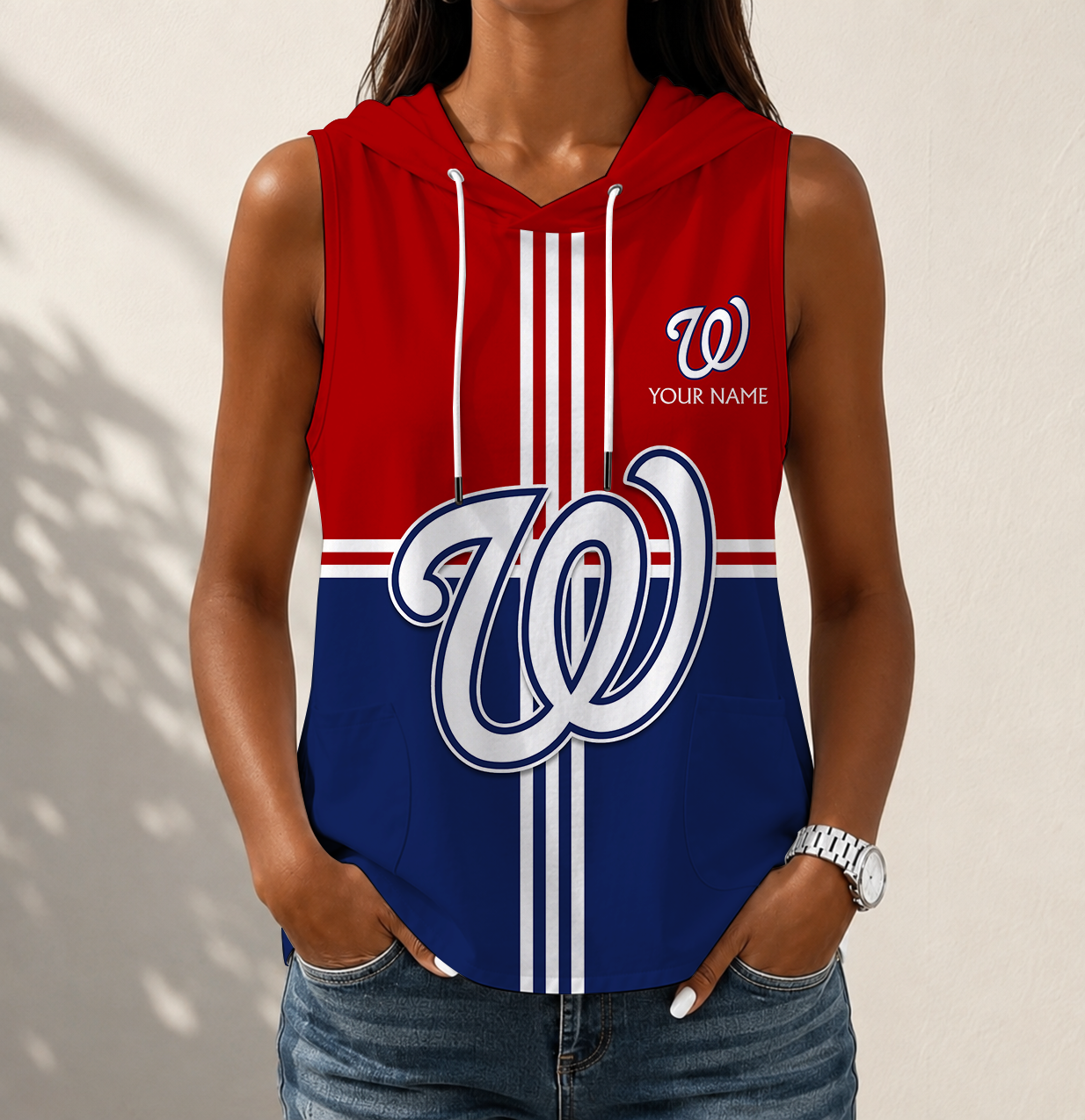 LIMITED EDITION - NEW CUSTOMIZED MLB28 WNS WASHINGTON NATIONALS WOMEN'S SLEEVELESS HOODED POCKET TANK TOP
