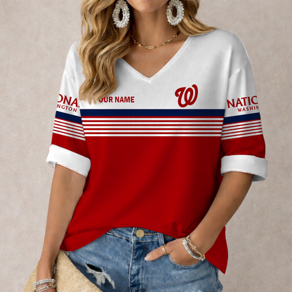 LIMITED EDITION - NEW CUSTOMIZED MLB28 WNS WASHINGTON NATIONALS WOMEN'S HEART V-NECK LONG SLEEVE SHIRT