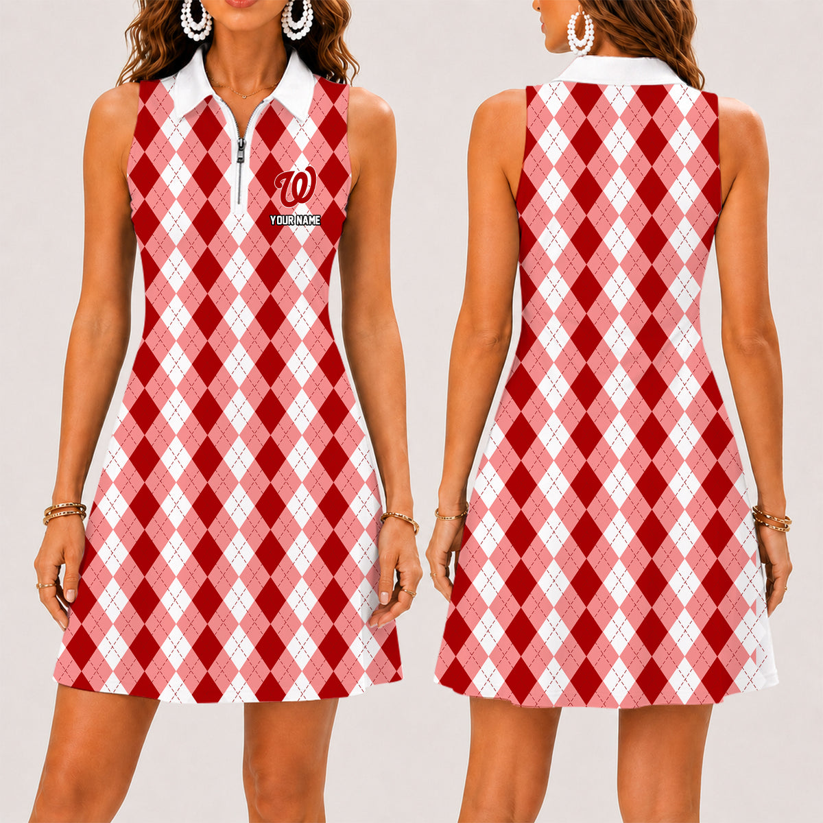 [FLASH SALE] NEW CUSTOMIZED MLB28 WNS WASHINGTON NATIONALS WOMEN'S ZIP SLEEVELESS POLO DRESS