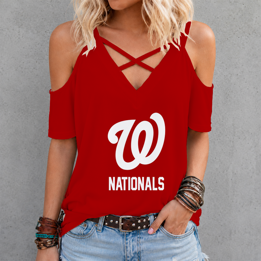 LIMITED EDITION - NEW CUSTOMIZED MLB28 WNS WASHINGTON NATIONALS CRISS CROSS V-NECK TOP