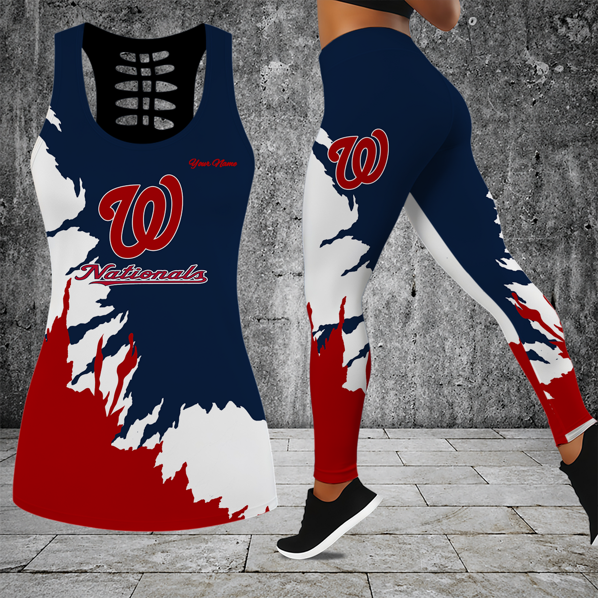 [FLASH SALE] NEW CUSTOMIZED MLB28 WNS WASHINGTON NATIONALS HOLLOW TANK TOP & LEGGINGS SET