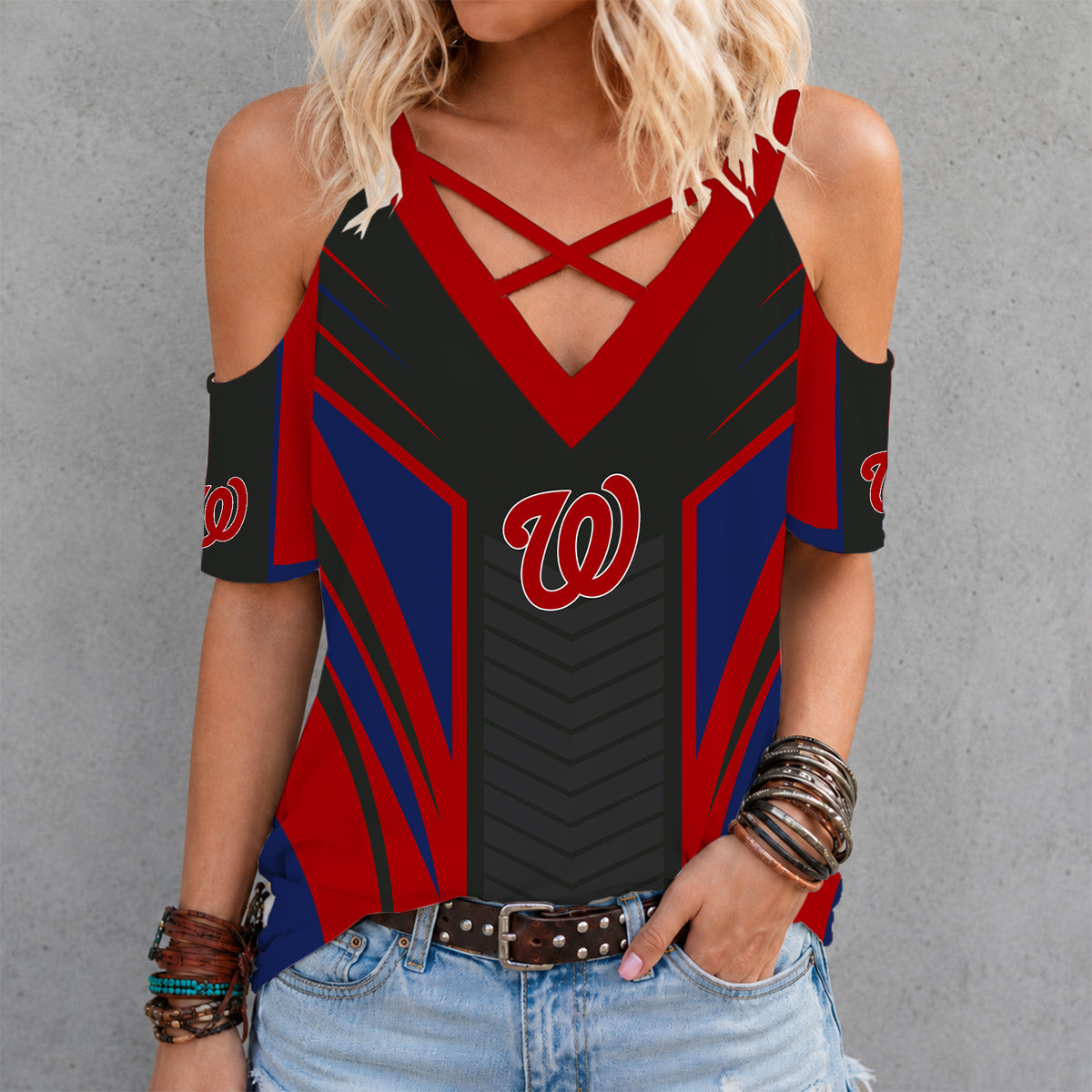 [FLASH SALE] NEW CUSTOMIZED MLB28 WNS WASHINGTON NATIONALS CRISS CROSS V-NECK TOP