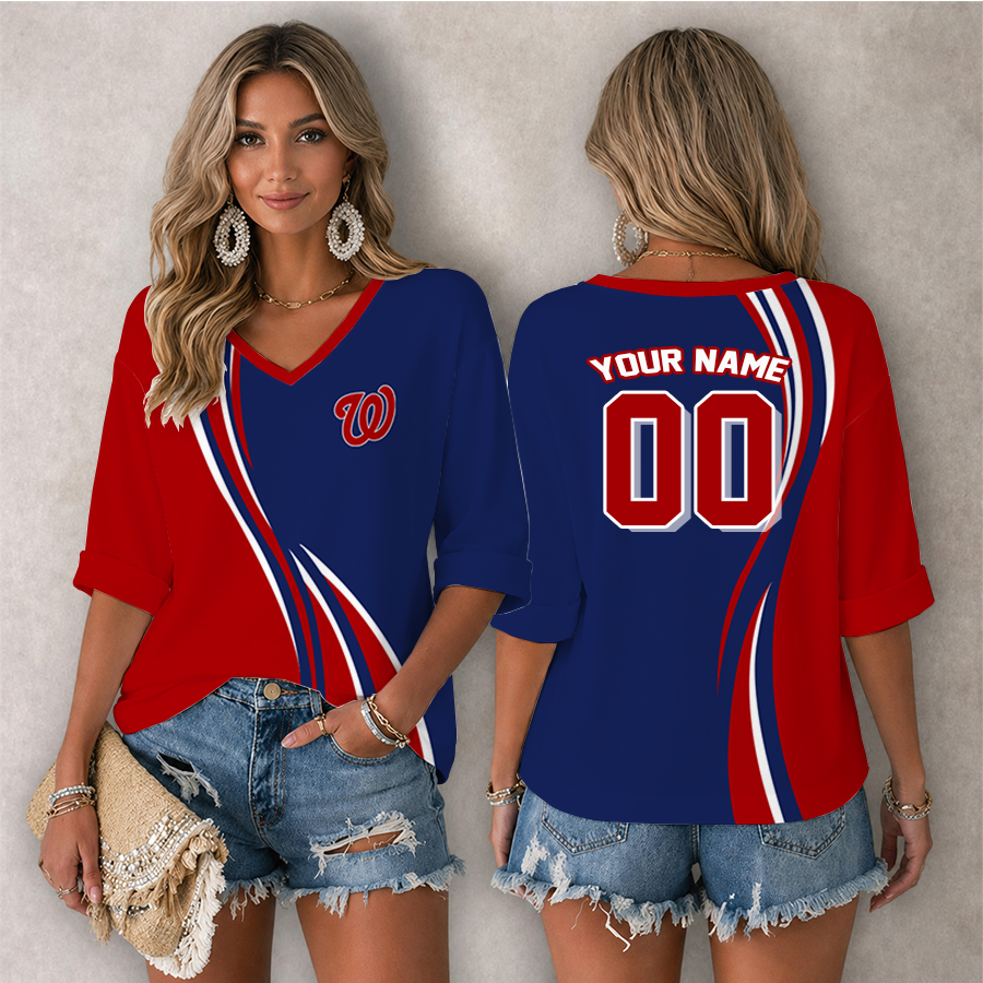 LIMITED EDITION - NEW CUSTOMIZED MLB28 WNS WASHINGTON NATIONALS WOMEN'S HEART V-NECK LONG SLEEVE SHIRT