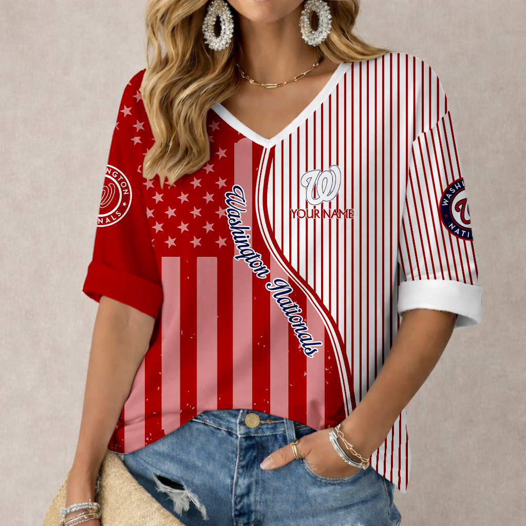 ELITE EDITION - NEW CUSTOMIZED MLB28 WNS WASHINGTON NATIONALS WOMEN'S HEART V-NECK LONG SLEEVE SHIRT