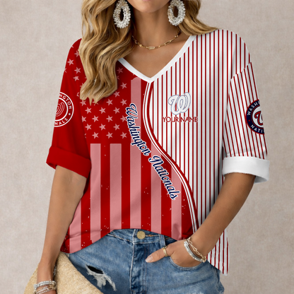 ELITE EDITION - NEW CUSTOMIZED MLB28 WNS WASHINGTON NATIONALS WOMEN'S HEART V-NECK LONG SLEEVE SHIRT