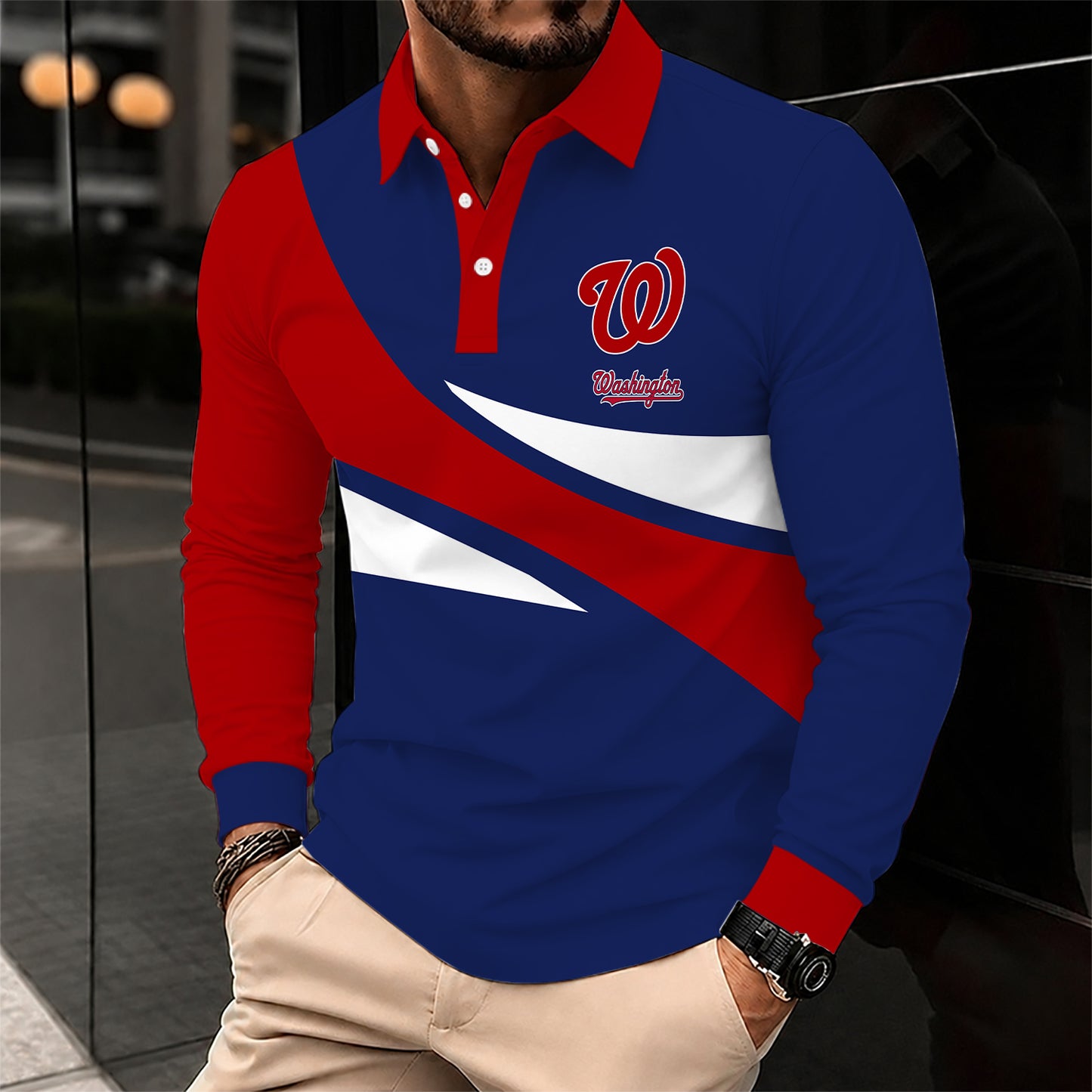 [FLASH SALE] NEW CUSTOMIZED MLB28 WNS WASHINGTON NATIONALS MEN'S LONG SLEEVE POLO