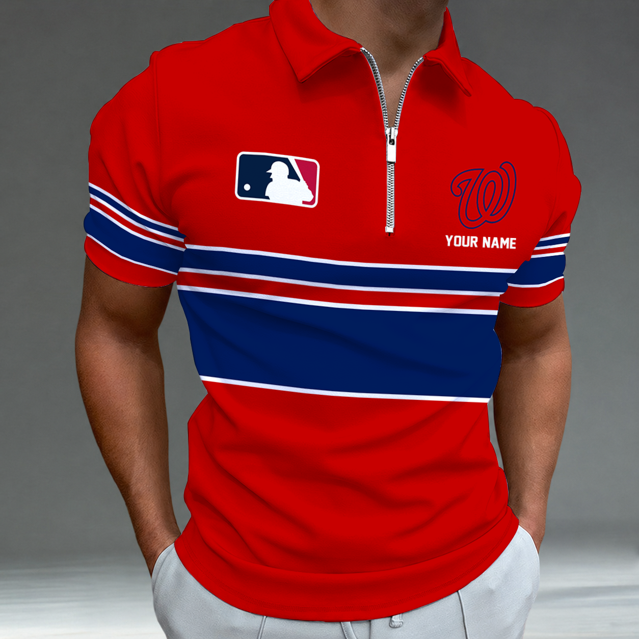 [FLASH SALE] NEW CUSTOMIZED MLB28 WNS WASHINGTON NATIONALS ZIP POLO SHIRT