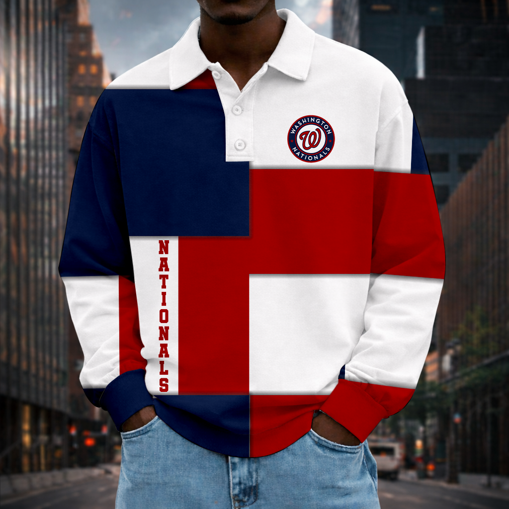 LIMITED EDITION - NEW CUSTOMIZED MLB28 WNS WASHINGTON NATIONALS MEN LONG SLEEVE POLO