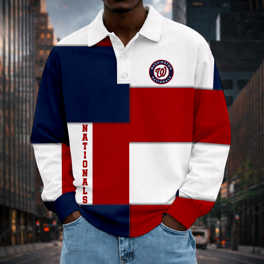 LIMITED EDITION - NEW CUSTOMIZED MLB28 WNS WASHINGTON NATIONALS MEN LONG SLEEVE POLO