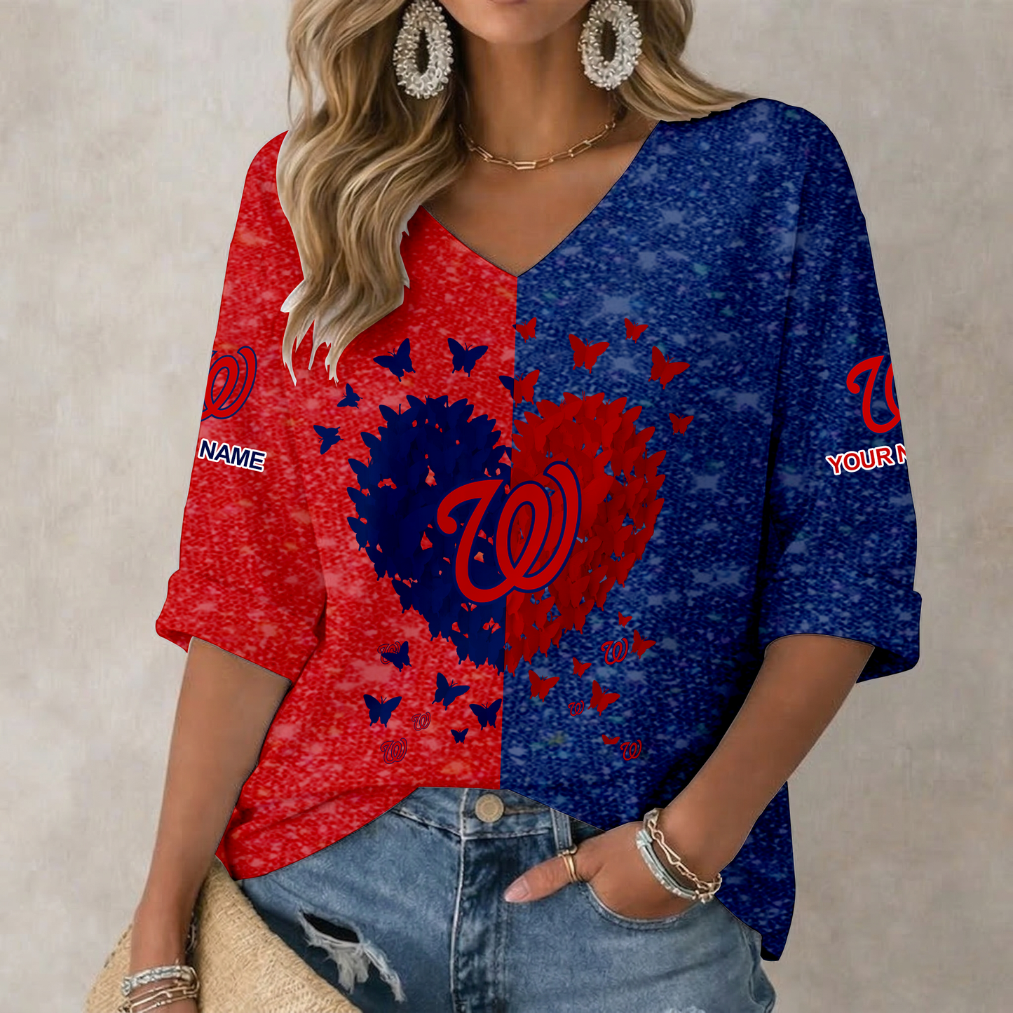 LIMITED EDITION - NEW CUSTOMIZED MLB28 WNS WASHINGTON NATIONALS WOMEN'S HEART V-NECK LONG SLEEVE SHIRT