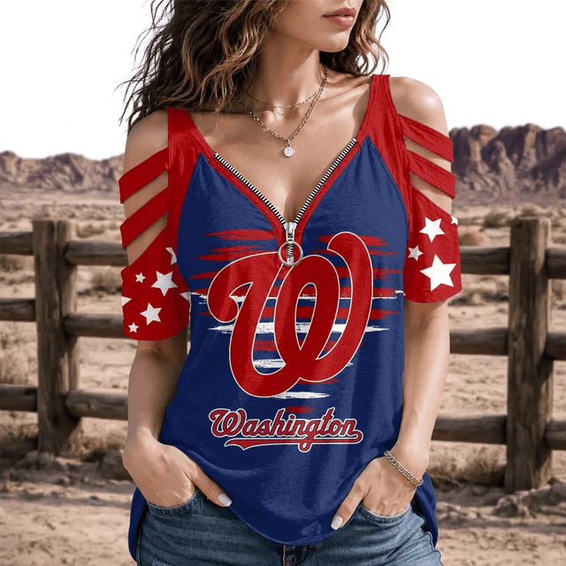 [FLASH SALE] NEW CUSTOMIZED MLB28 WNS WASHINGTON NATIONALS STRAPPY COLD-SHOULDER TOP