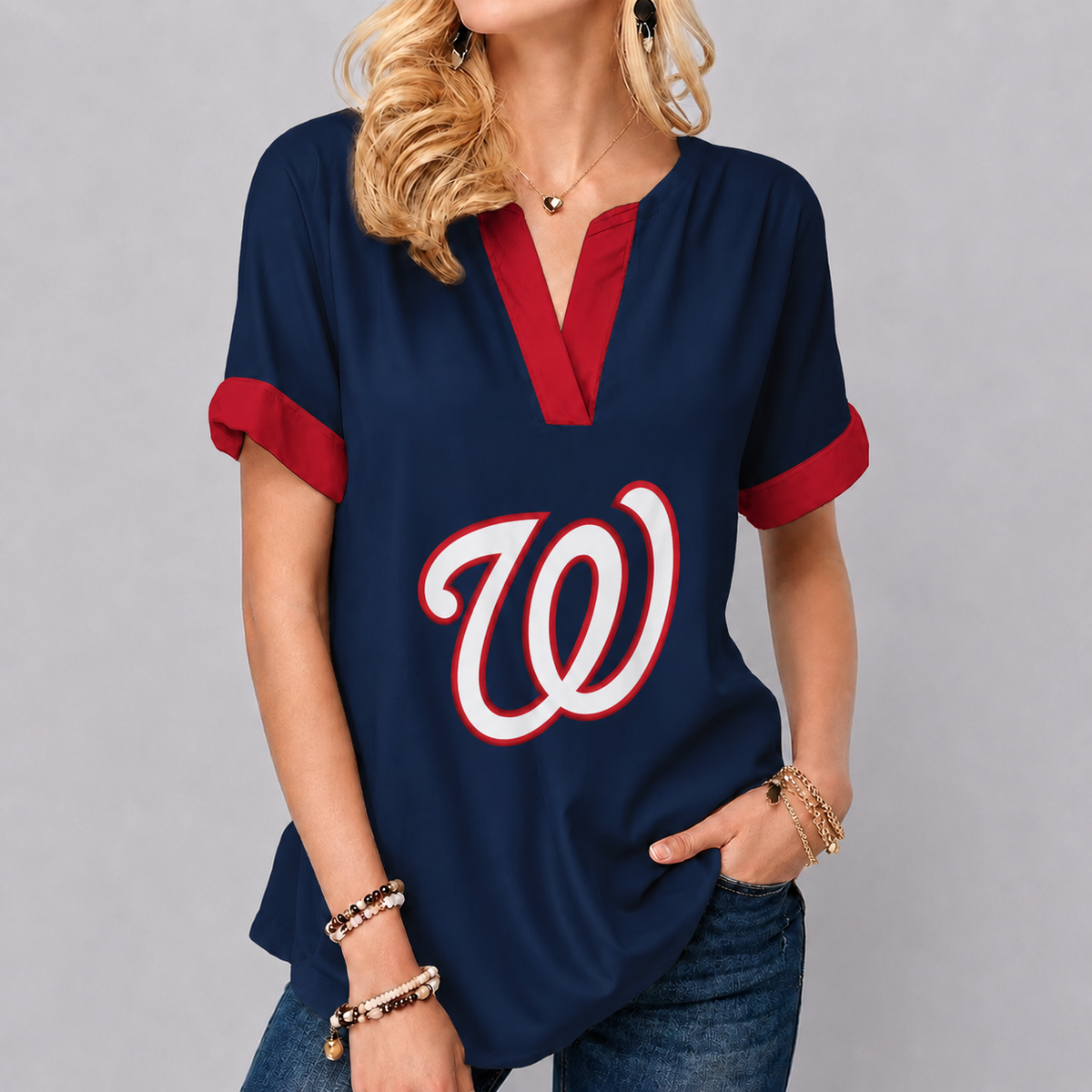 LIMITED EDITION - NEW CUSTOMIZED MLB28 WNS WASHINGTON NATIONALS V-NECK FEMALE SHIRT