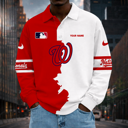 LIMITED EDITION - NEW CUSTOMIZED MLB28 WNS WASHINGTON NATIONALS MEN LONG SLEEVE POLO