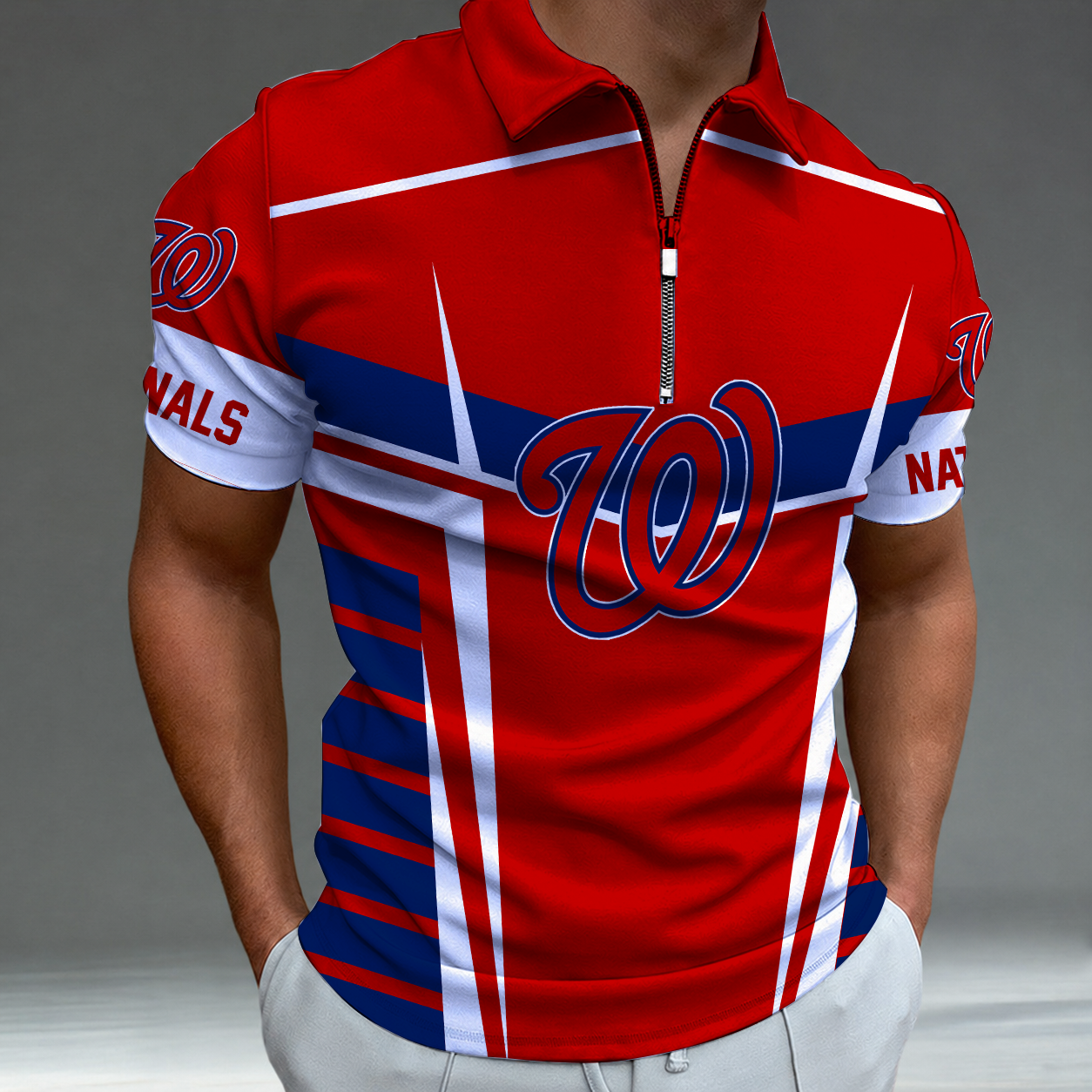LIMITED EDITION - NEW CUSTOMIZED MLB28 WNS WASHINGTON NATIONALS ZIP POLO SHIRT