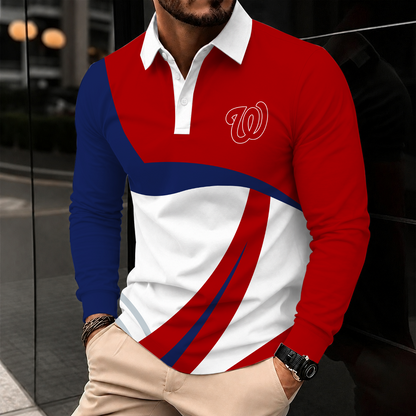 [FLASH SALE] NEW CUSTOMIZED MLB28 WNS WASHINGTON NATIONALS MEN'S LONG SLEEVE POLO