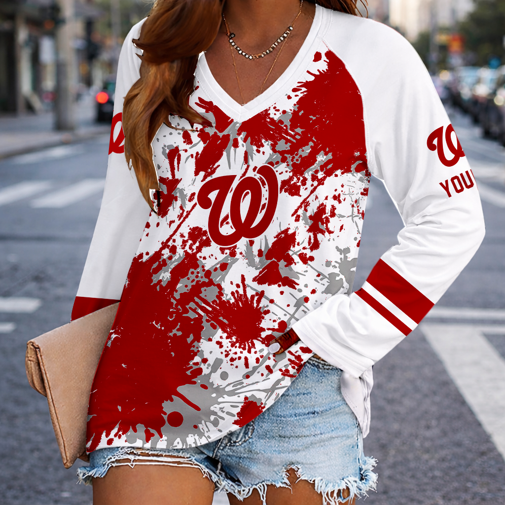 [FLASH SALE] NEW CUSTOMIZED MLB28 WNS WASHINGTON NATIONALS WOMEN'S V-NECK LONG SLEEVED SHIRT