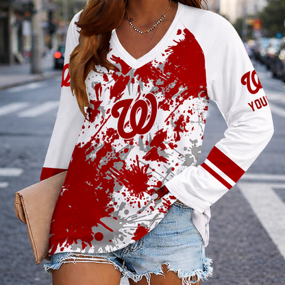 [FLASH SALE] NEW CUSTOMIZED MLB28 WNS WASHINGTON NATIONALS WOMEN'S V-NECK LONG SLEEVED SHIRT