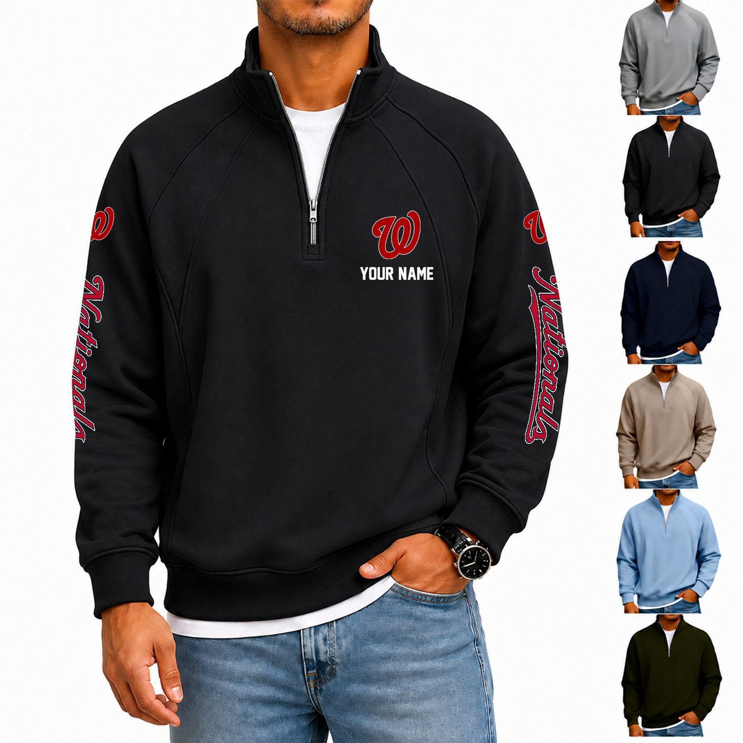 [FLASH SALE] NEW CUSTOMIZED MLB28 WNS WASHINGTON NATIONALS MEN'S QUARTER ZIP PULLOVER