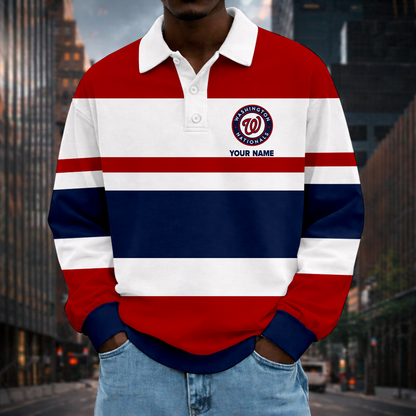 LIMITED EDITION - NEW CUSTOMIZED MLB28 WNS WASHINGTON NATIONALS MEN LONG SLEEVE POLO