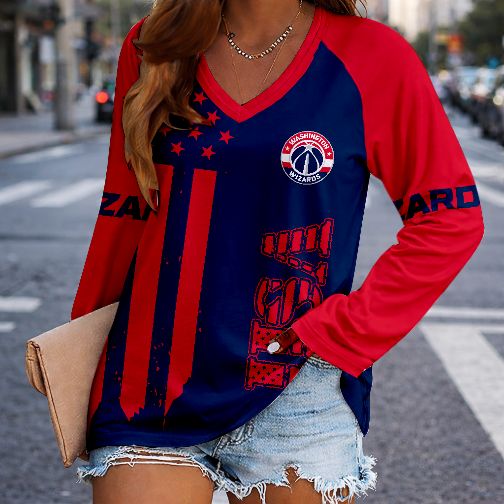 LIMITED EDITION - NEW CUSTOMIZED NBA28 WWI WASHINGTON WIZARDS WOMEN'S V-NECK LONG SLEEVED SHIRT