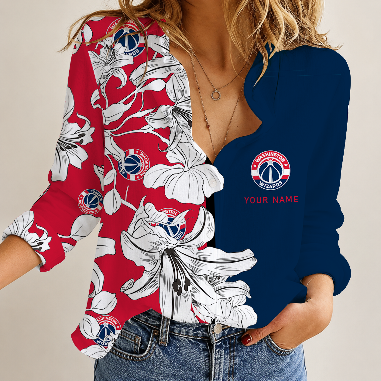 [HOT DEAL] NEW CUSTOMIZED NBA28 WWI WASHINGTON WIZARDS WOMEN CASUAL SHIRT FOR FAN