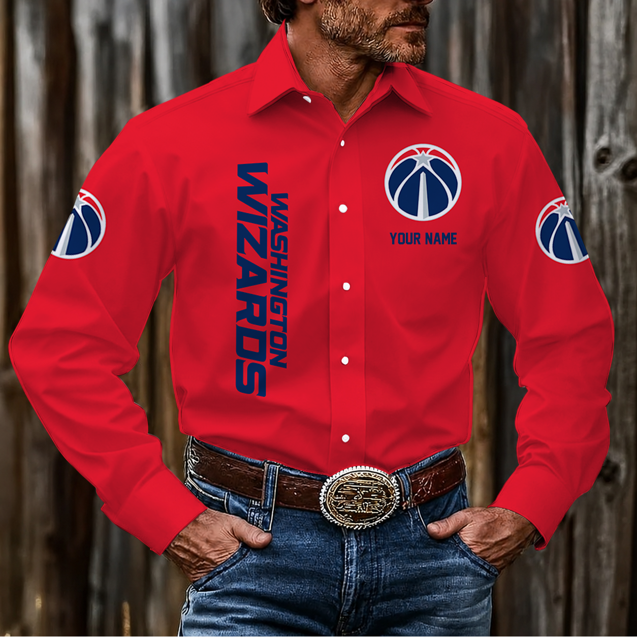 LIMITED EDITION - NEW CUSTOMIZED NBA28 WWI WASHINGTON WIZARDS MEN'S LONG SLEEVE BUTTON-UP SHIRT