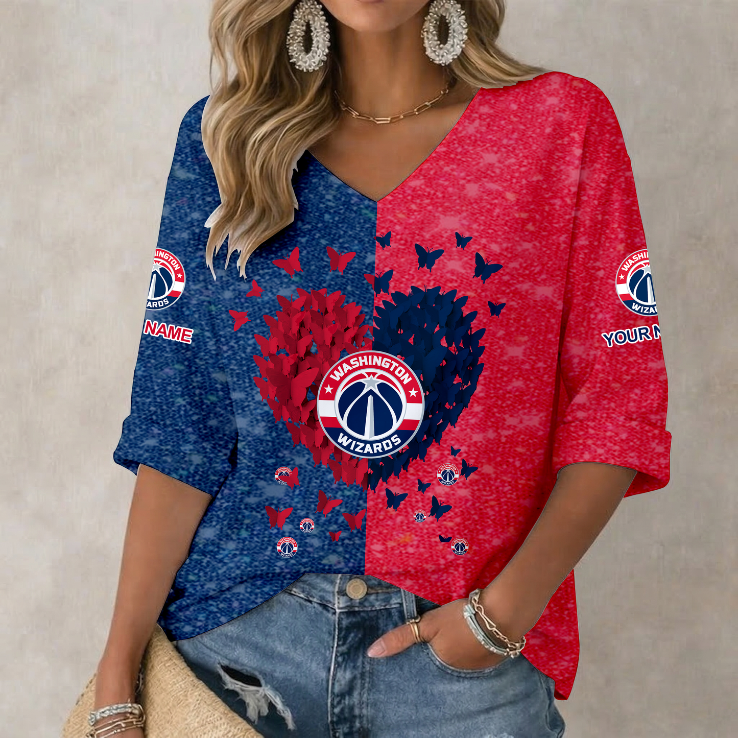 LIMITED EDITION - NEW CUSTOMIZED NBA28 WWI WASHINGTON WIZARDS WOMEN'S HEART V-NECK LONG SLEEVE SHIRT