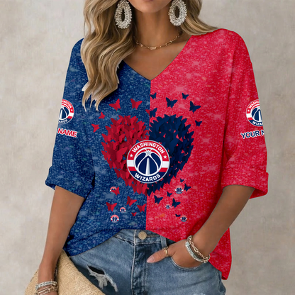 LIMITED EDITION - NEW CUSTOMIZED NBA28 WWI WASHINGTON WIZARDS WOMEN'S HEART V-NECK LONG SLEEVE SHIRT