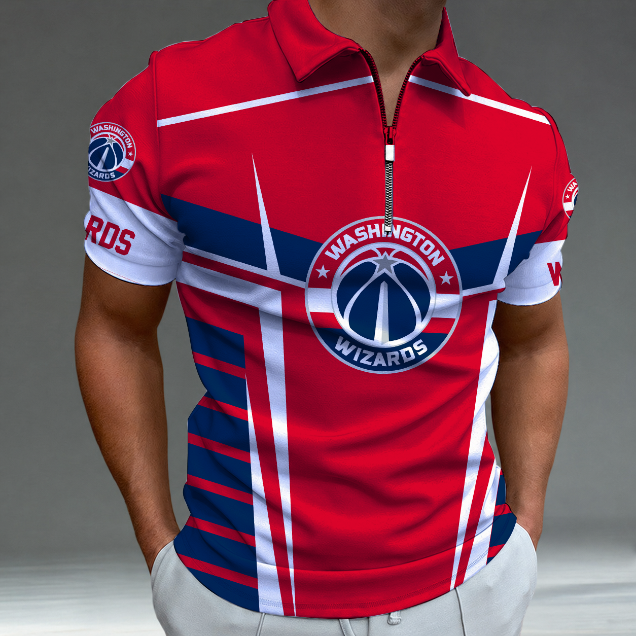 [HOT DEAL] NEW CUSTOMIZED NBA28 WWI WASHINGTON WIZARDS ZIP POLO SHIRT